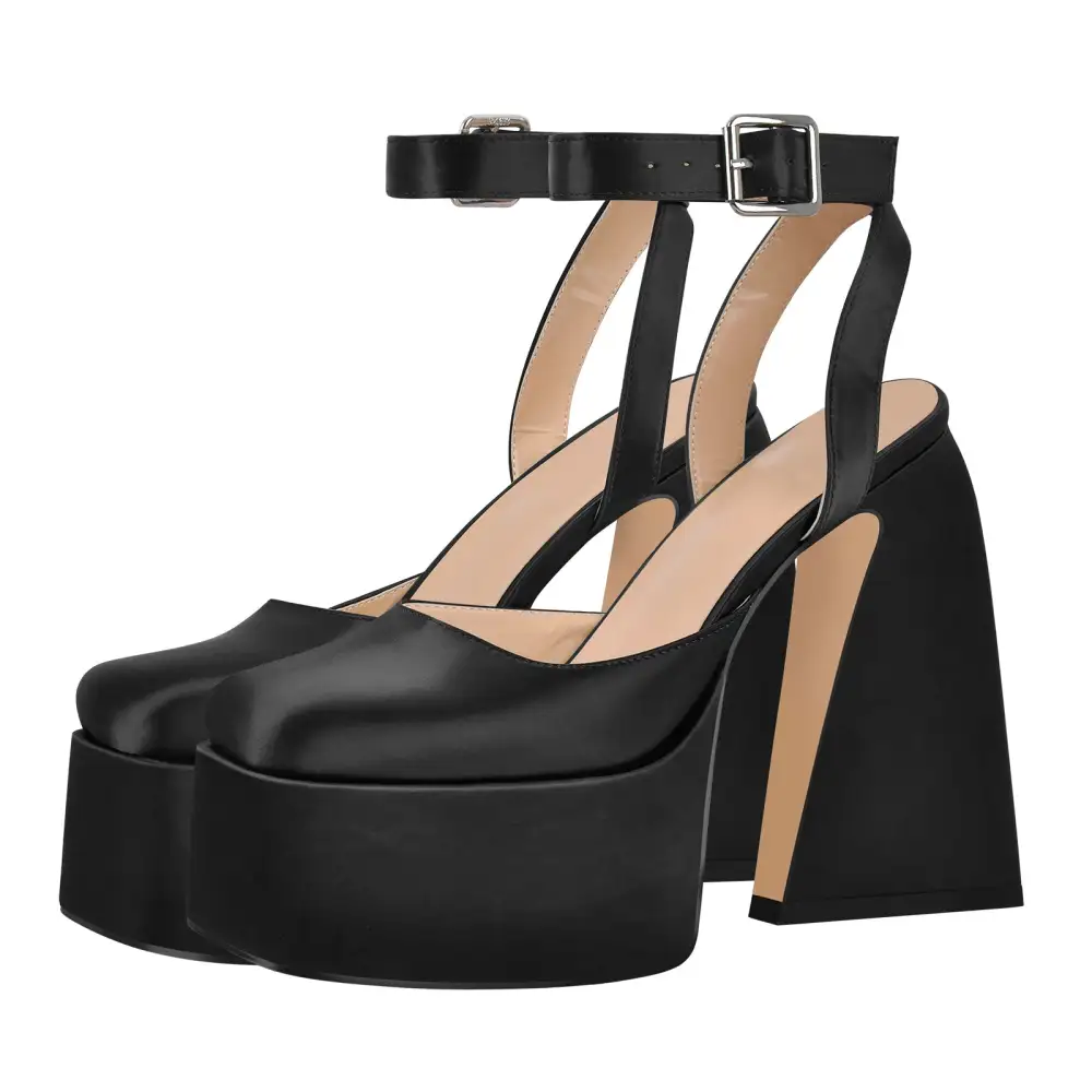 Square Toe Platform Chunky Heel Ankle Strap Pumps
