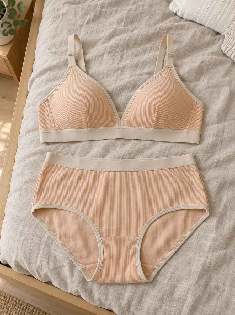 Women's Ribbed Seamless And Ribbed Contrast Trim Lingerie Set