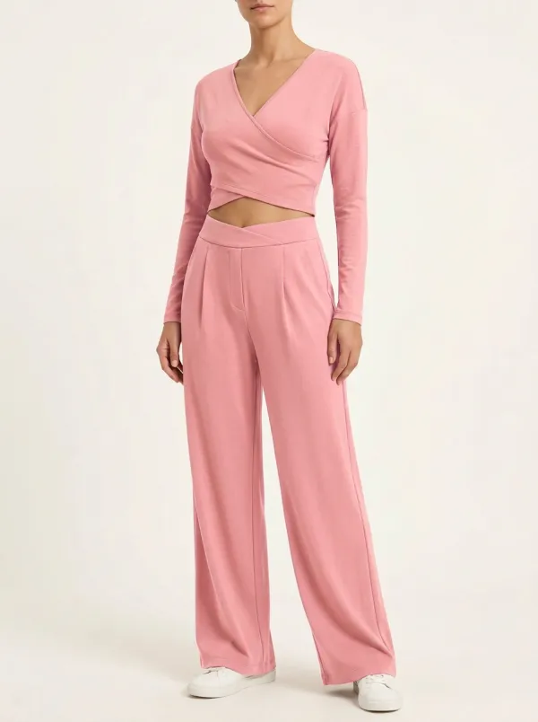 Women's Wrap-Front Crop Top and Crossover-Waist Wide-Leg Trouser Set