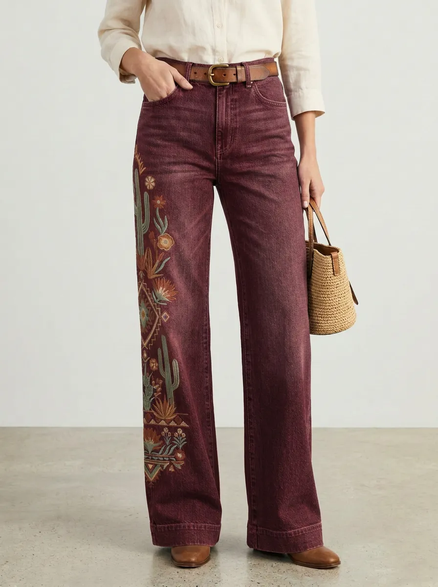Women's Boho Cactus Floral Embroidered Printed Straight Leg Jeans