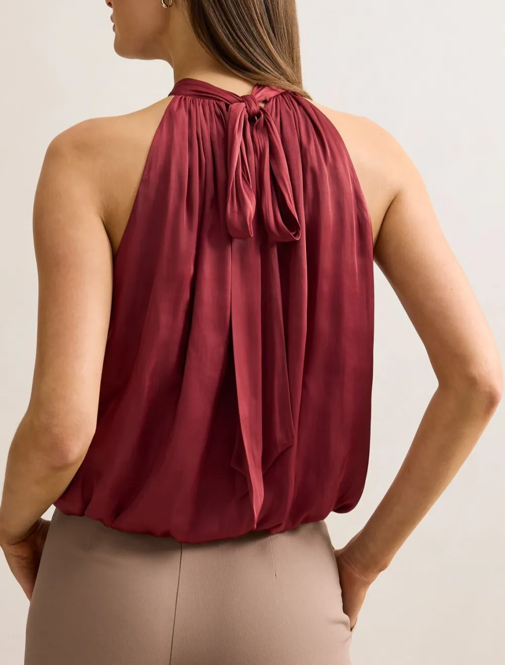 Burgundy Bubble Hem Halter Neck Sleeveless Top