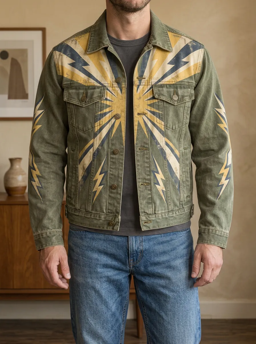 Men's Vintage Lightning Bolt Graphic Printed Denim Jacket