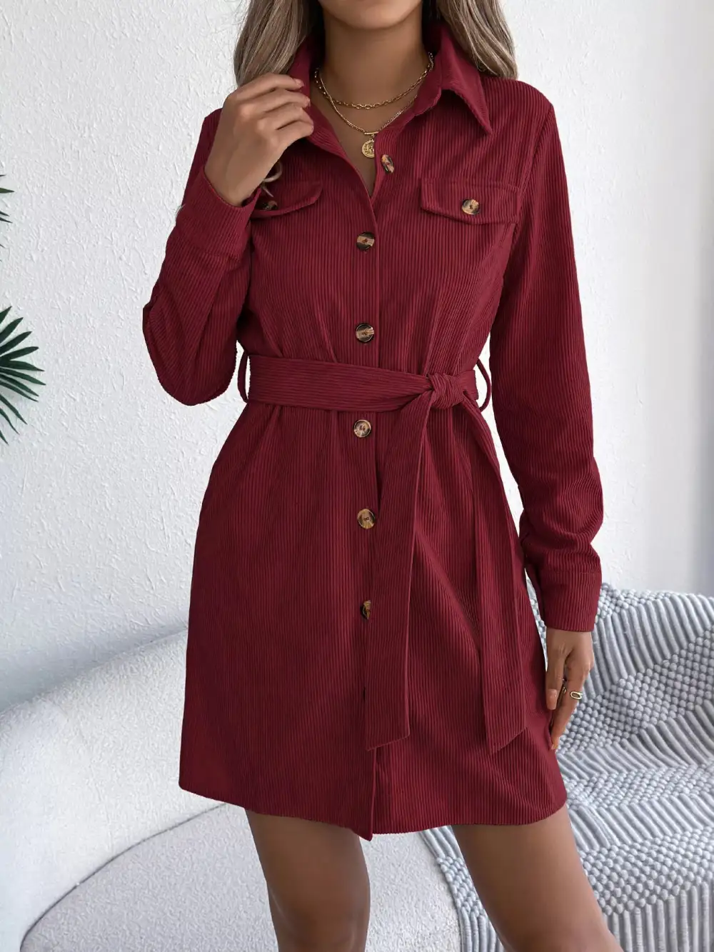 Structured Shape Corduroy Button Front Shirt Dress
