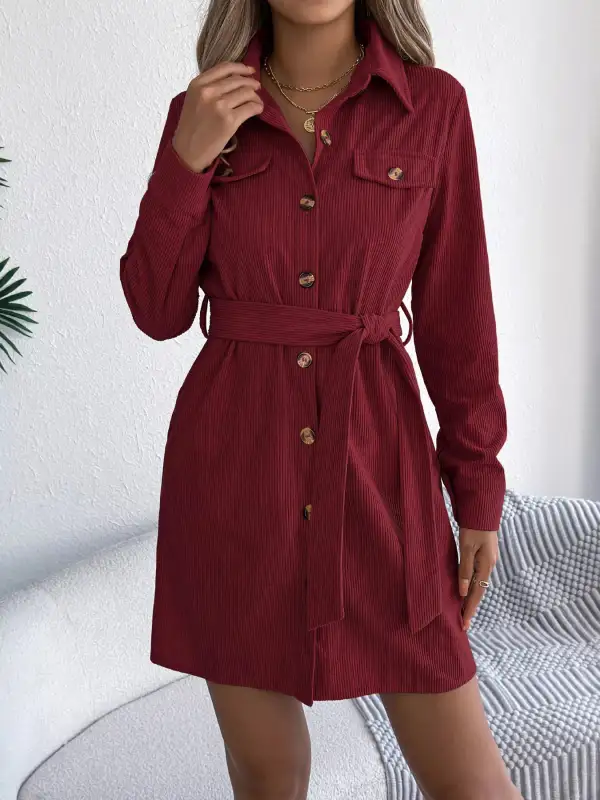 Structured Shape Corduroy Button Front Shirt Dress