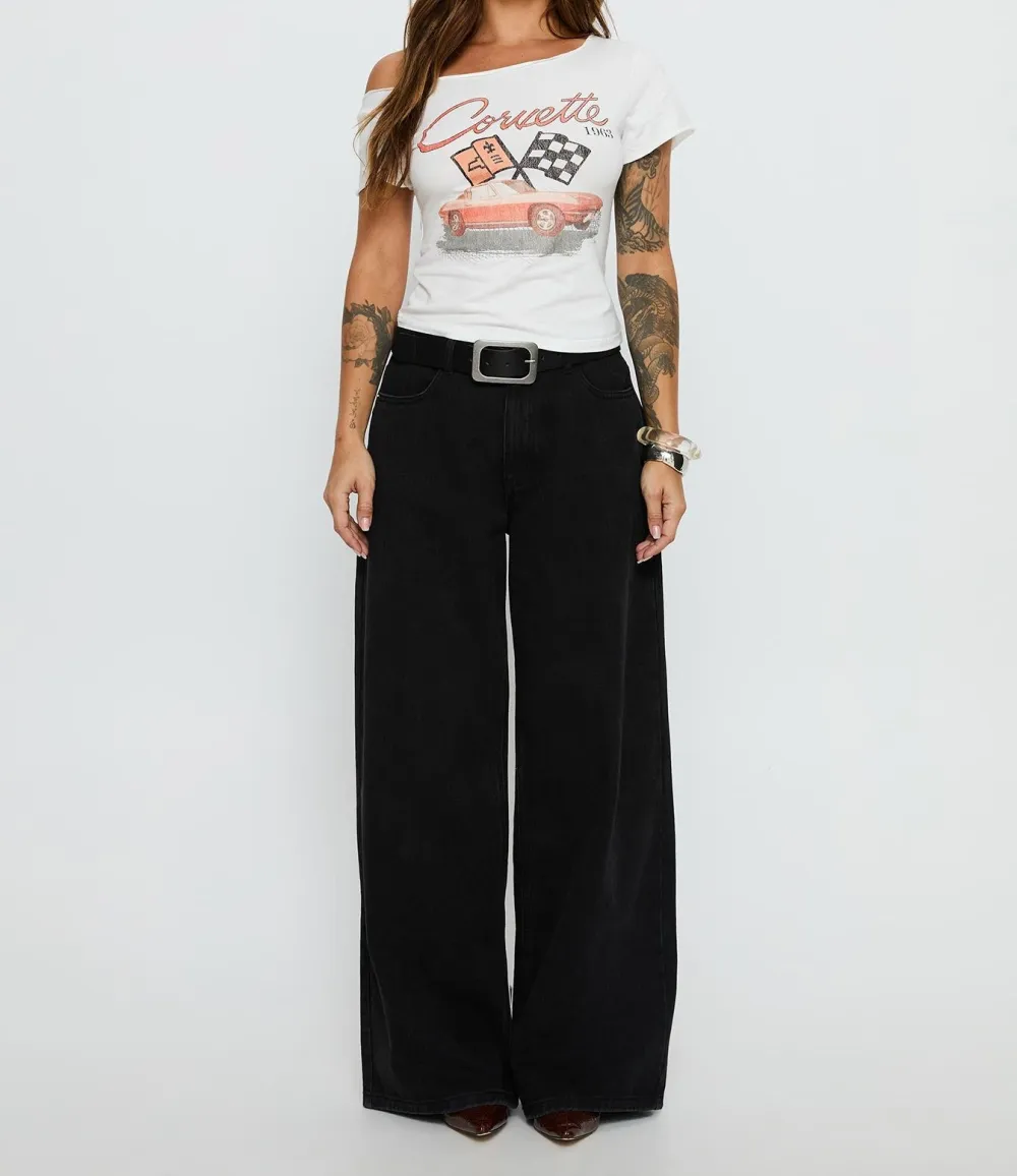 White Off-Shoulder Graphic Tee