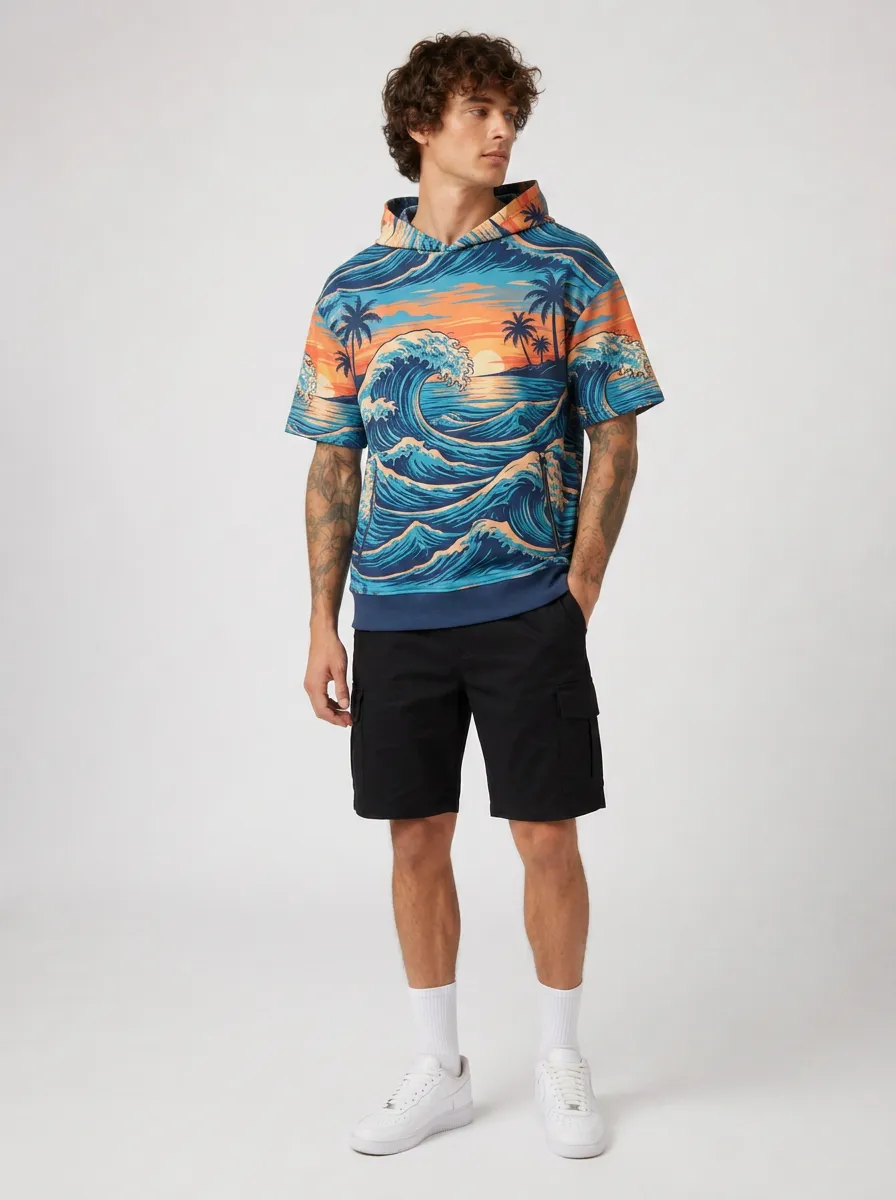 Men's Beach Lover Ocean Wave Sunset Printed Short Sleeve Hoodie