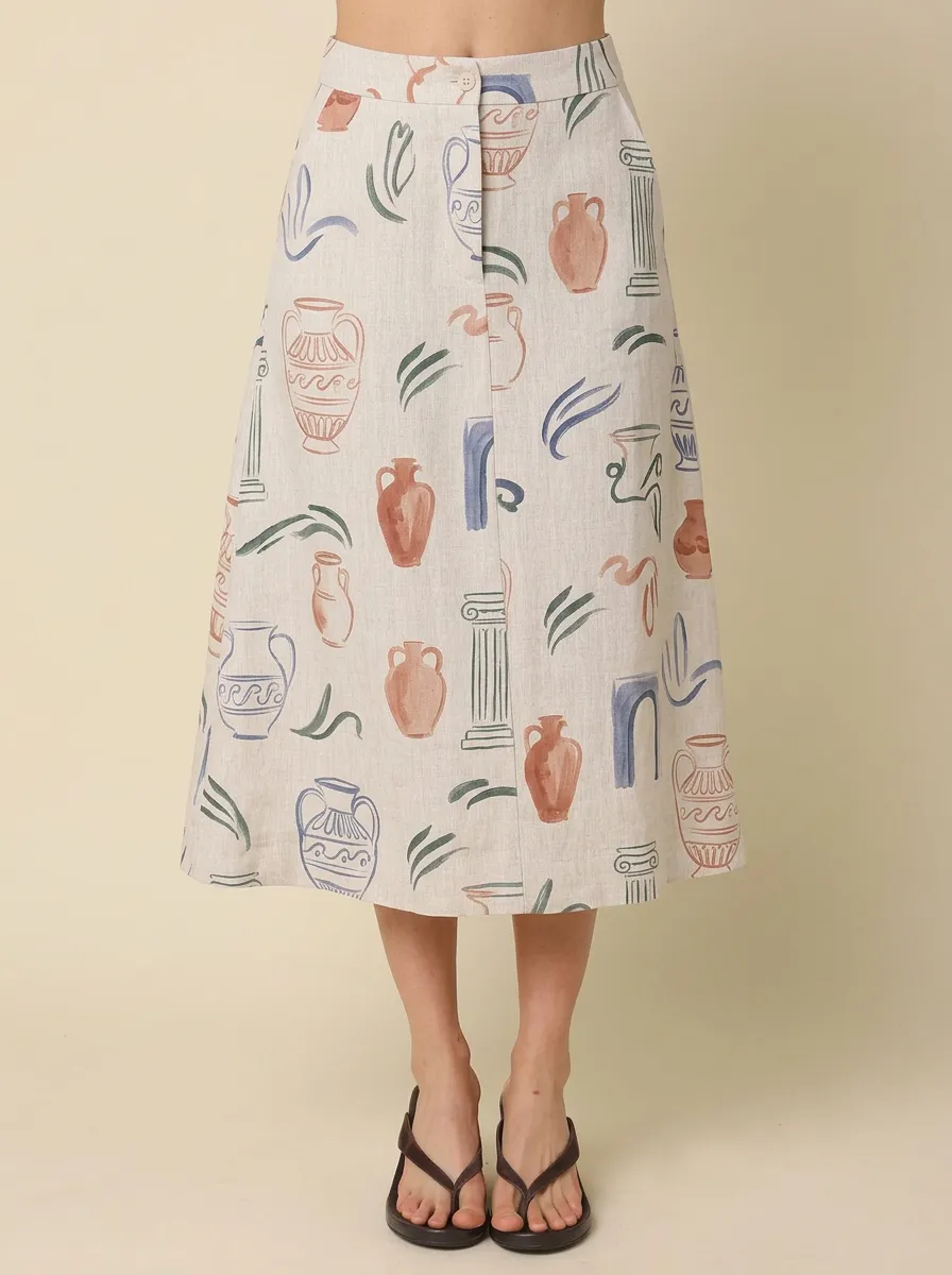 Women's Greek Art Lover Ancient Vase Column Printed Midi Skirt
