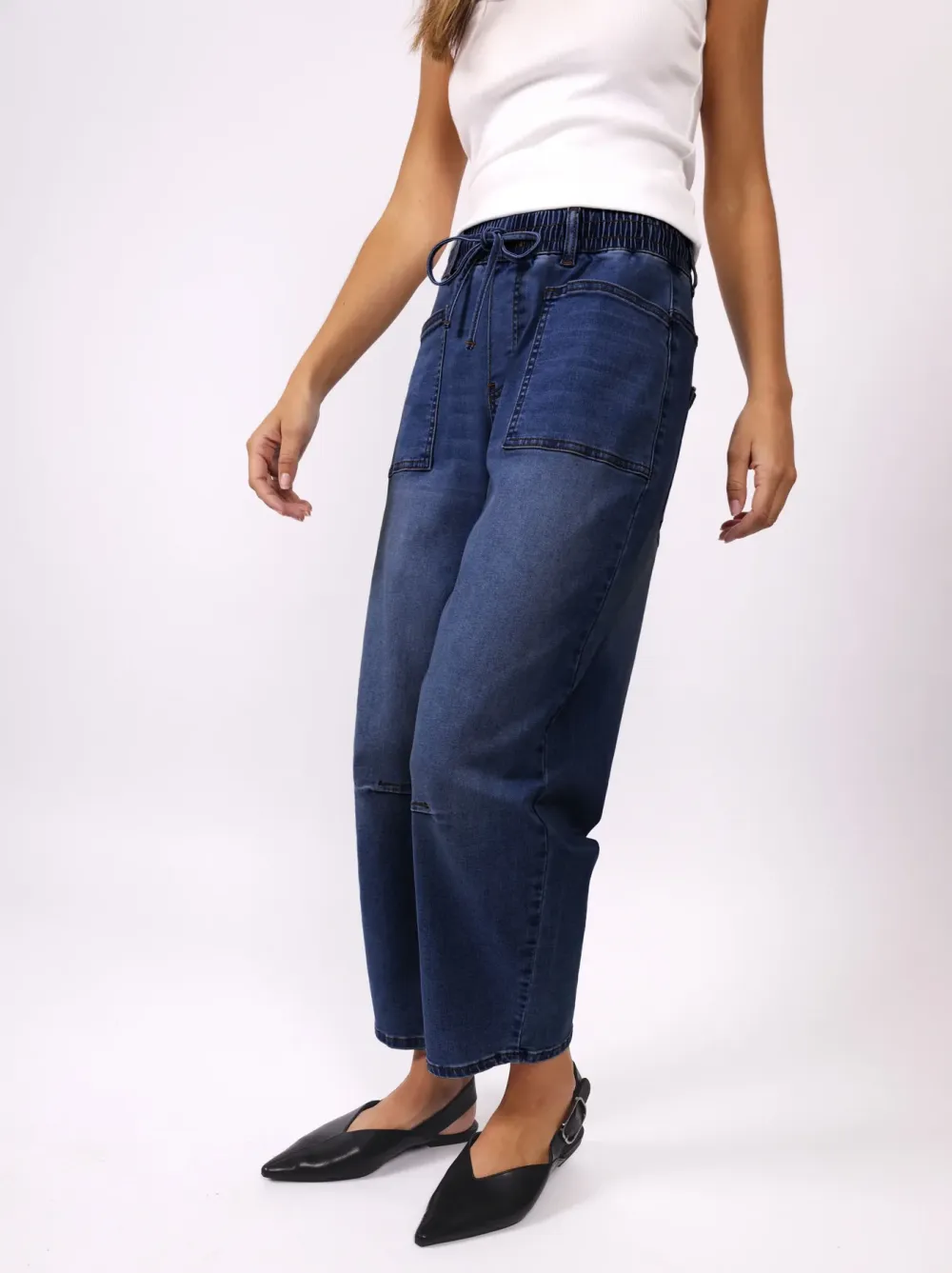 Women's Refined Barrel-Leg Denim Drawstring Jeans