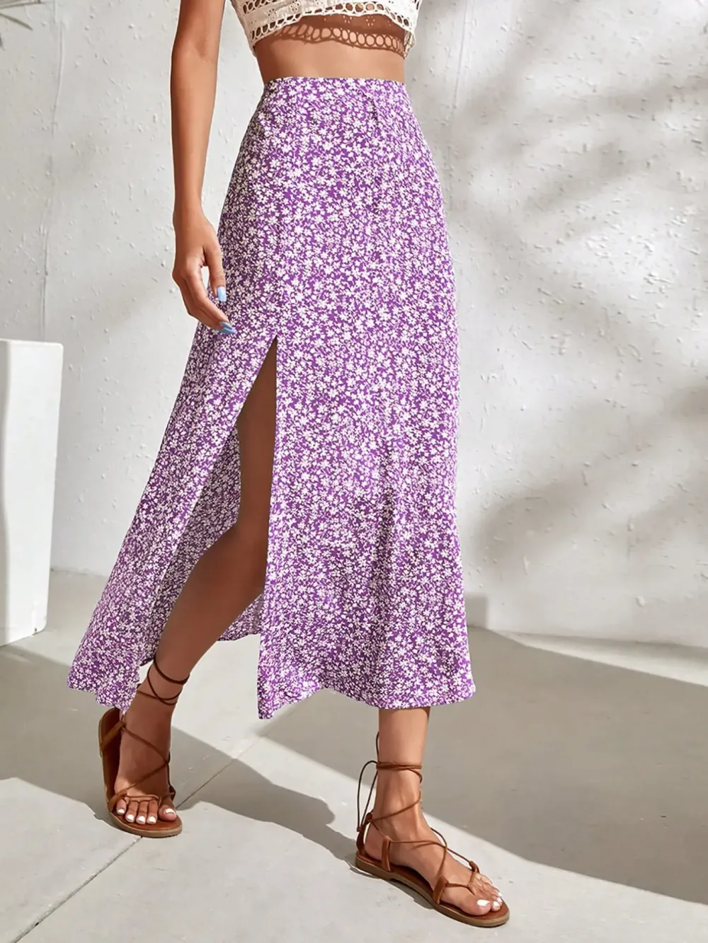 Women's Ditsy Floral Print Split Thigh A Line Skirt