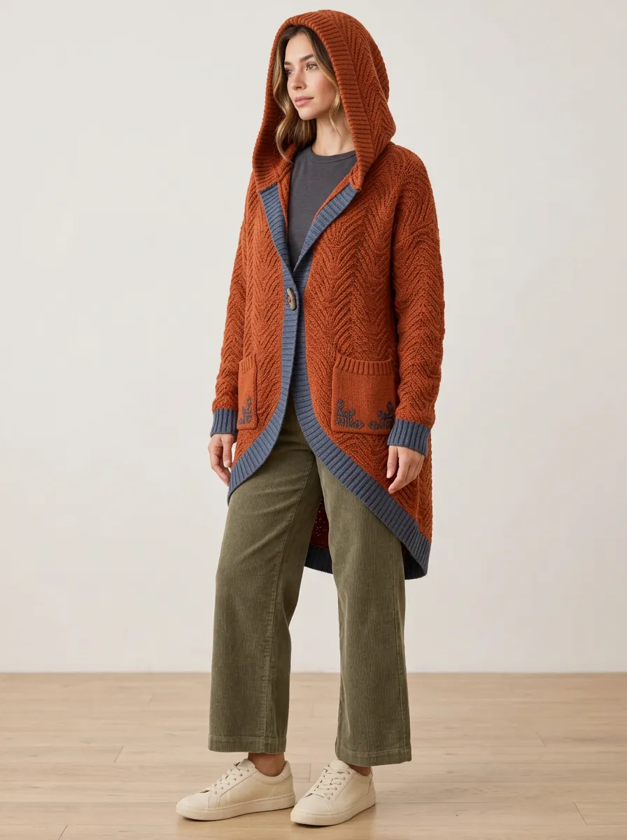 Women's Chevron-Knit Button-Front Patch-Pocket Hooded Cardigan