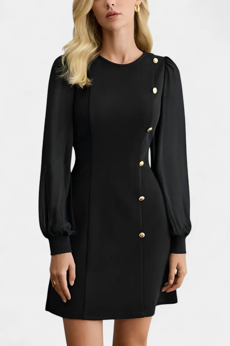 Buttoned Long-Sleeve Midi Dress