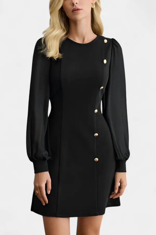 Buttoned Long-Sleeve Midi Dress