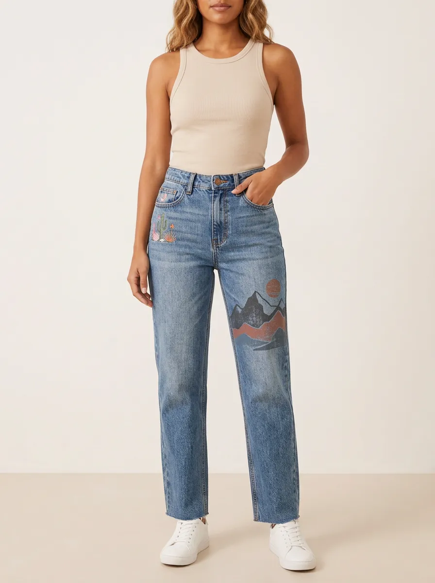 Women's Desert Nature Lover Cactus Mountain Printed Straight Jeans