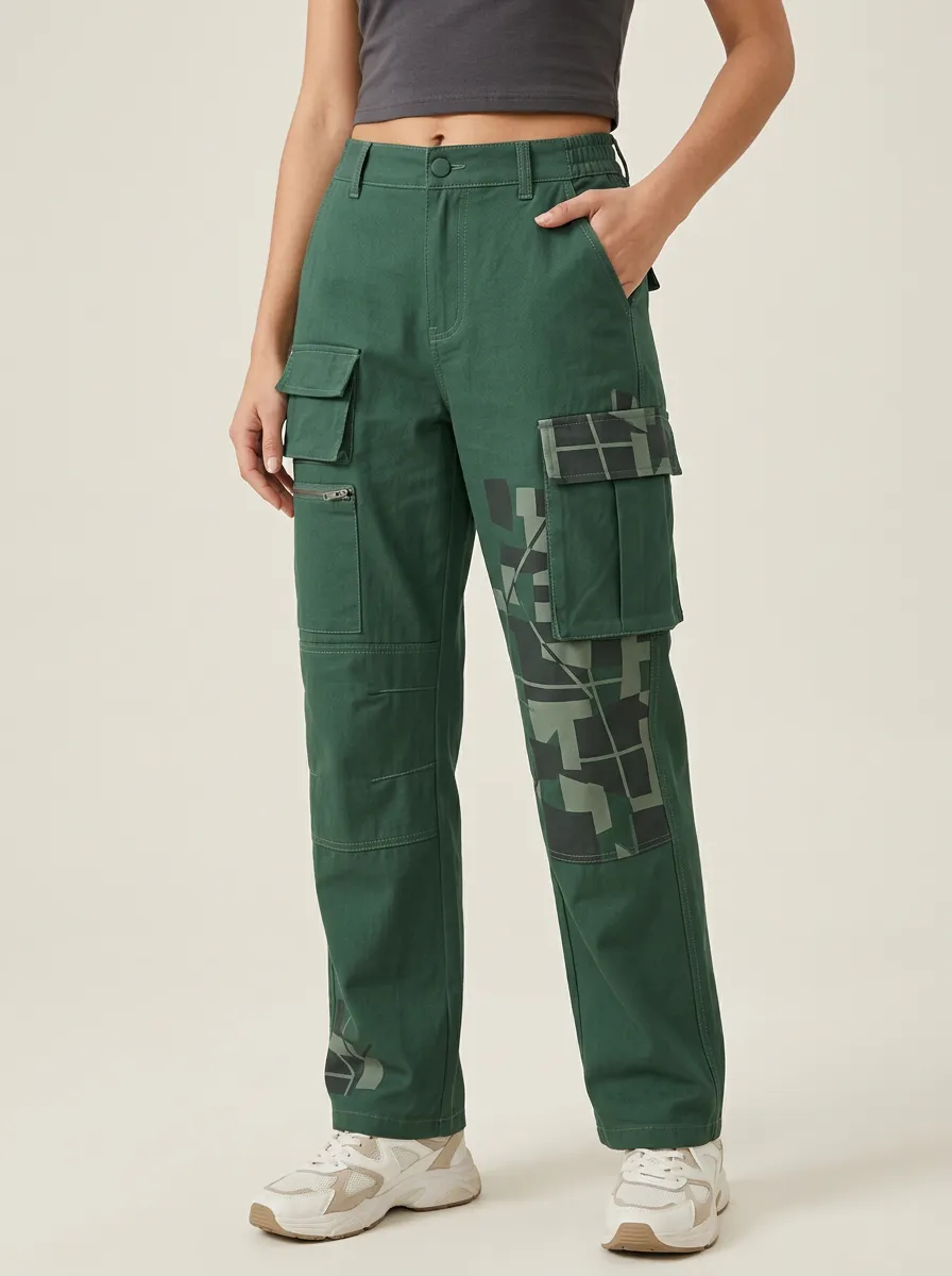 Women's Forest Green Streetwear Grid Pattern Cargo Pants