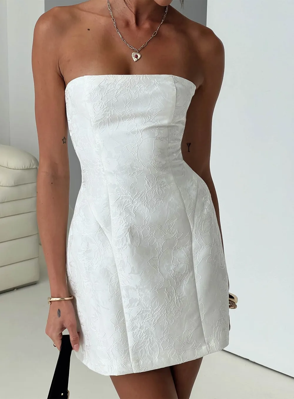 White Strapless Lace-Up Floral Mini Dress
