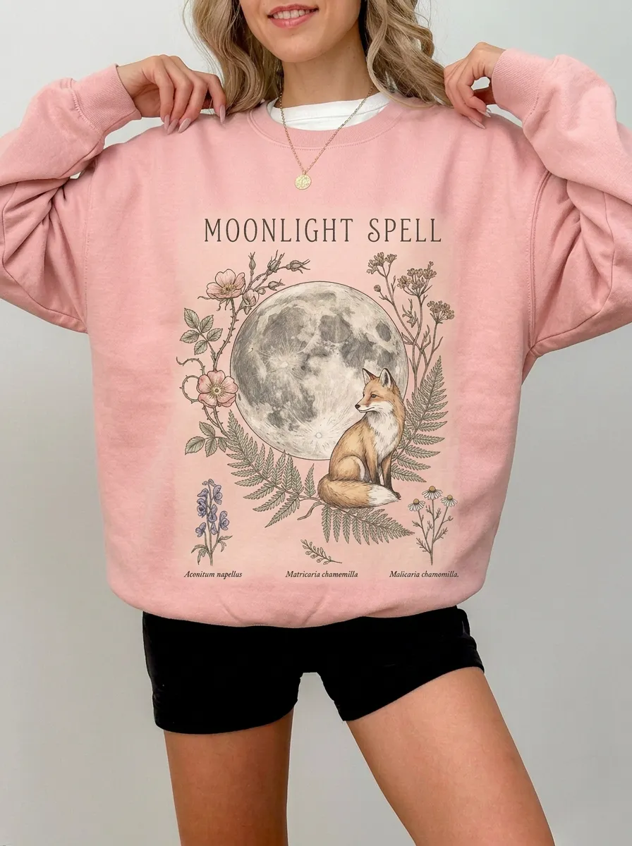 Women's Moonlight Spell Fox Floral Moon Graphic Sweatshirt