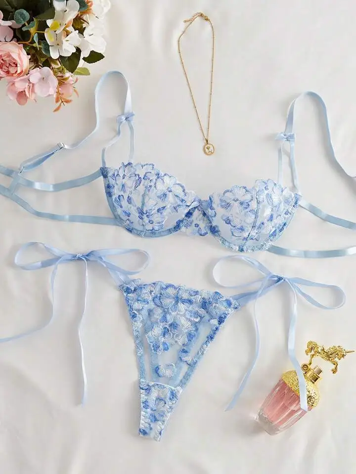Floral Embroidered Sheer Lingerie Set