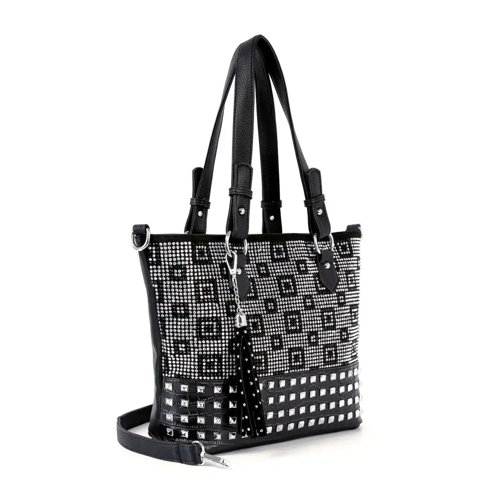 Relaxed Detail Studded Crystal Accent Pocketed Faux Leather Tote Bag