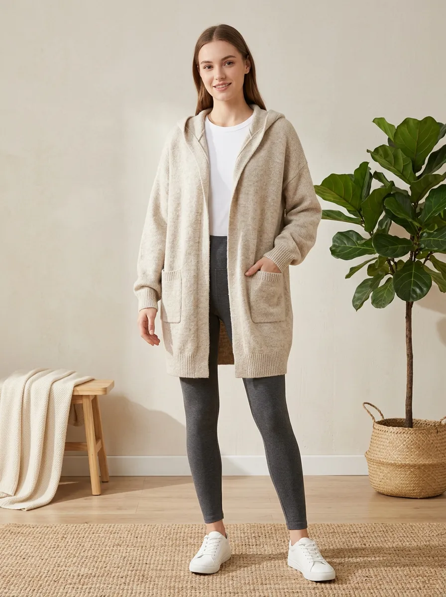 Women's Hooded Open-Front Knit Cardigan Relaxed-Fit Ribbed-Knit