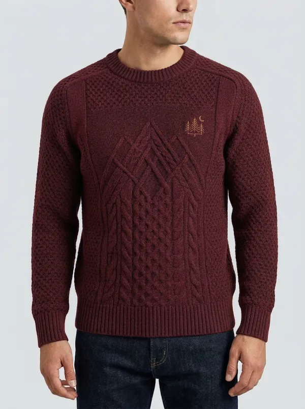 Men's Navy Nature Mountain Tree Moon Embroidered Knit Sweater
