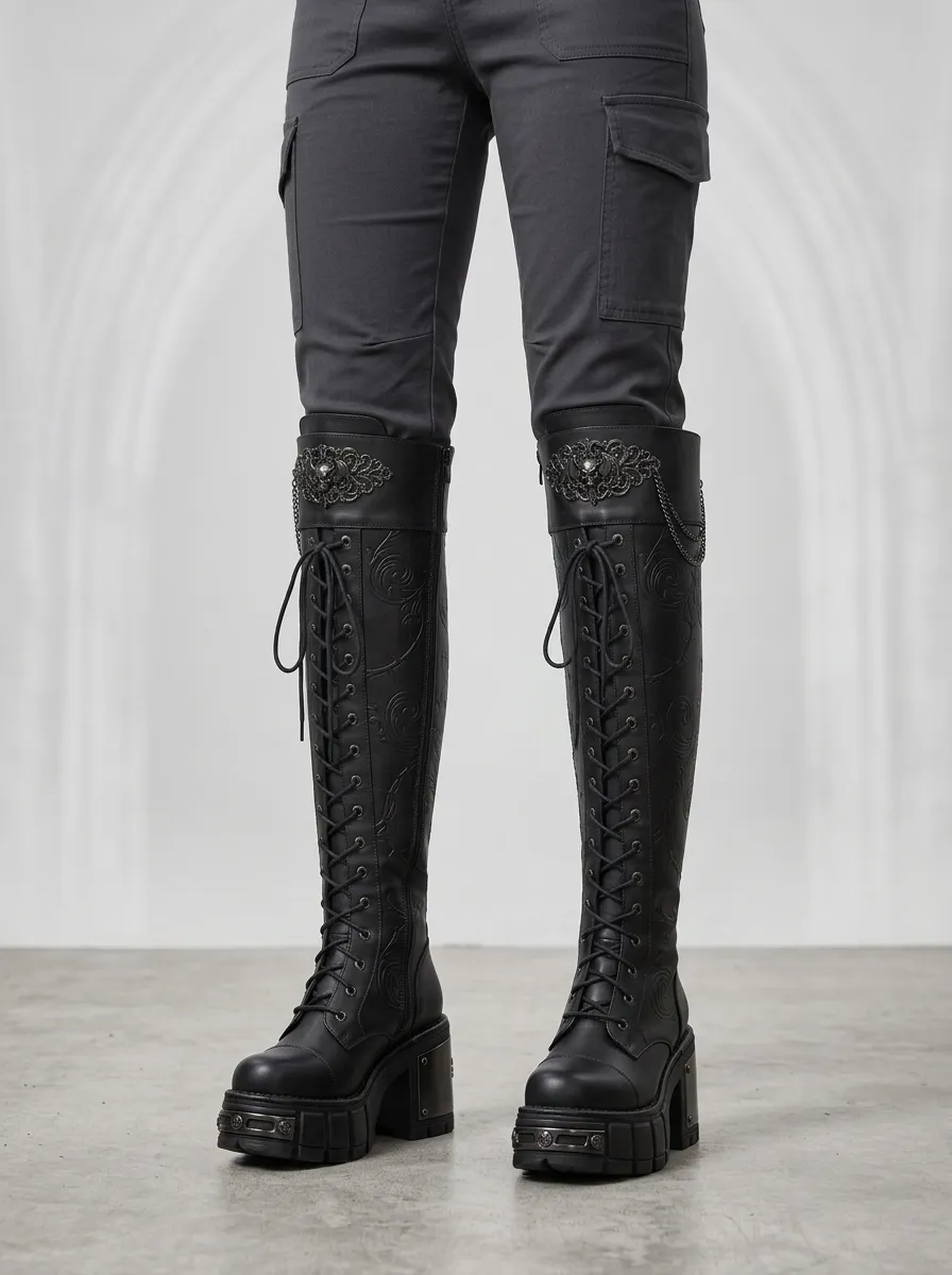 Dramatic Skull Floral Lace Street Look Women's Gothic Platform Boots