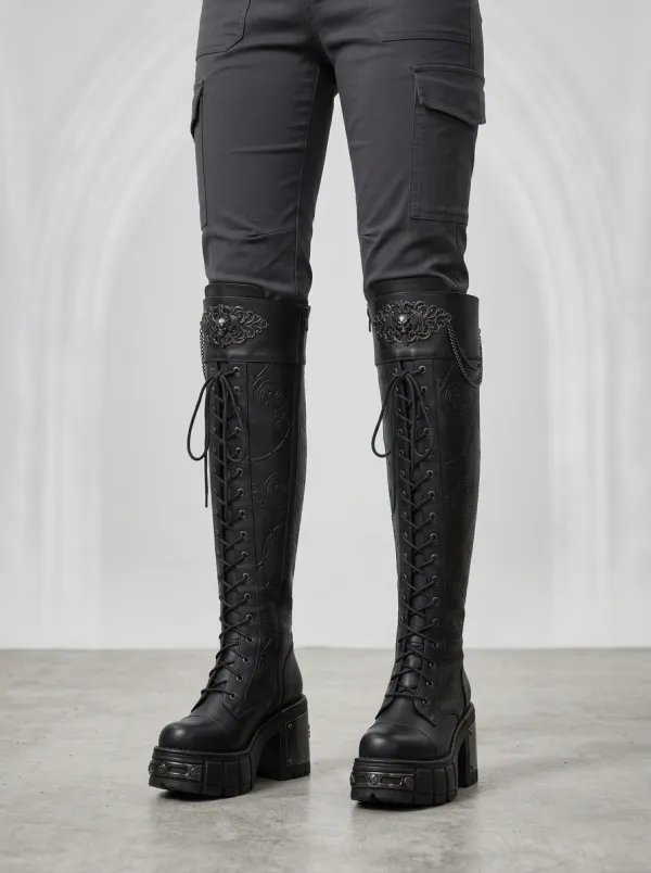 Dramatic Skull Floral Lace Street Look Women's Gothic Platform Boots