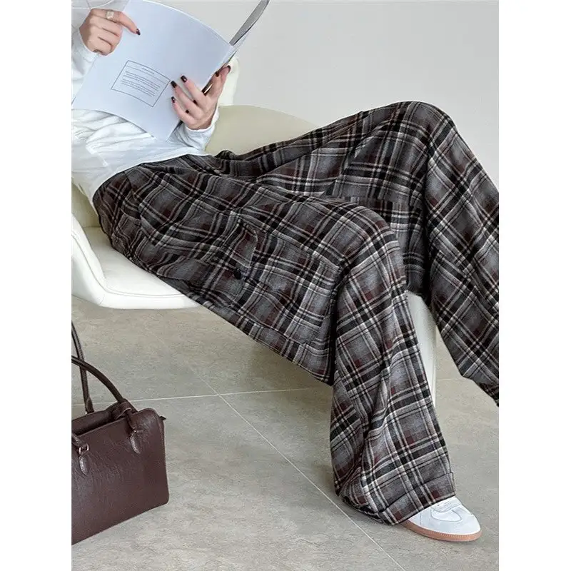 Classic Loose Fit Plaid Wide Leg Floor Length Pants