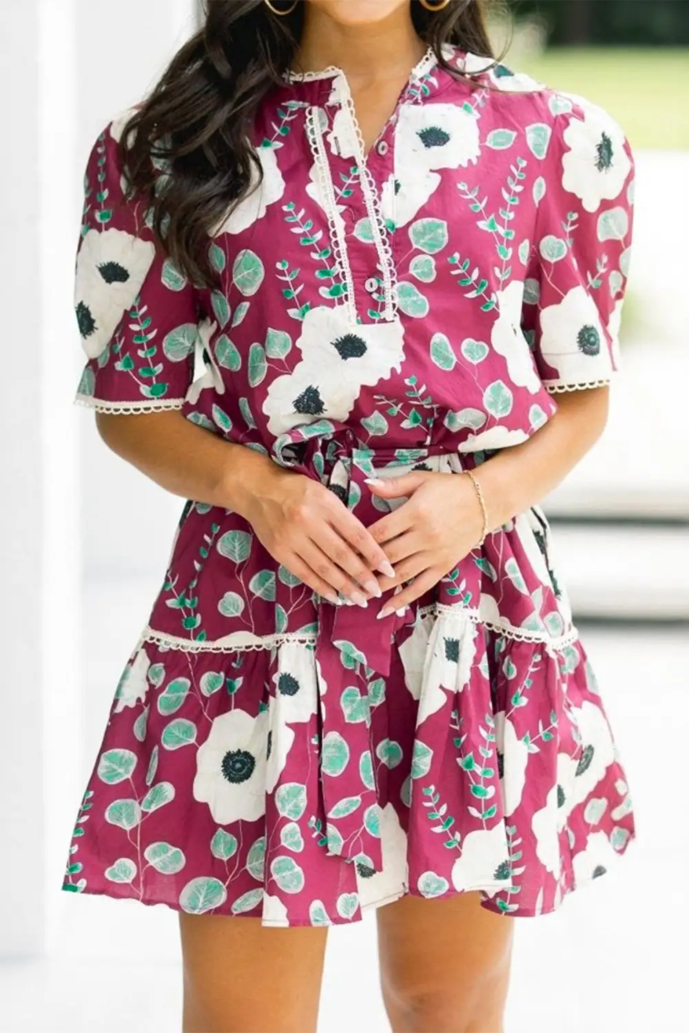 Trimmed Short Puff Sleeve Mini Dress with Belt