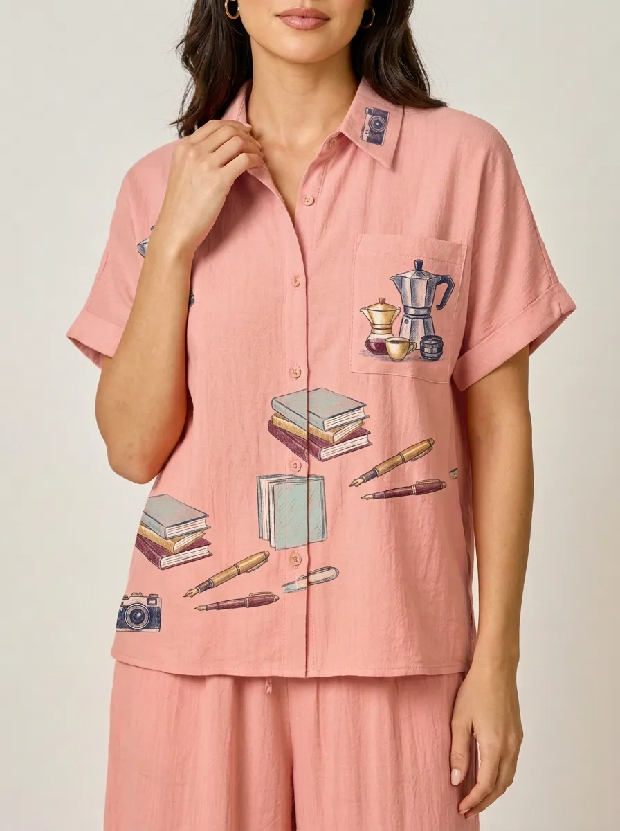 Women's Book Coffee Camera Graphic Button-Up Shirt