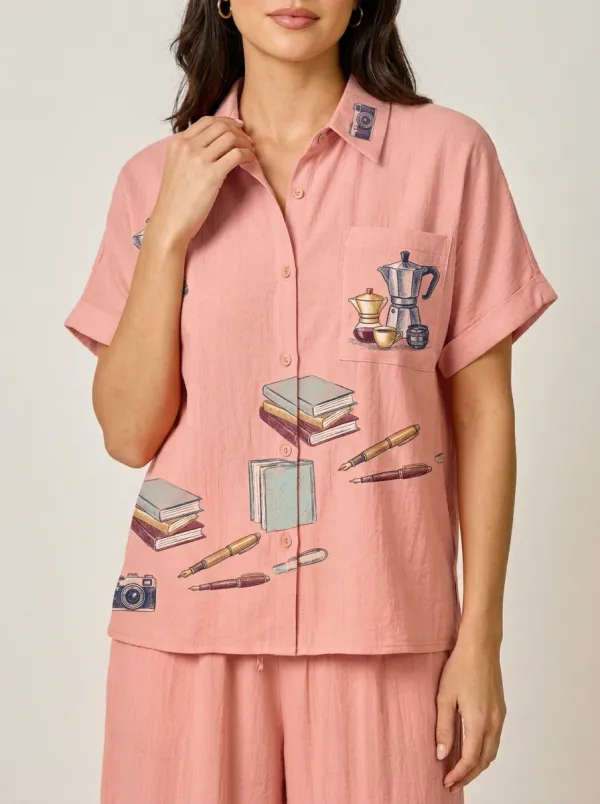 Women's Book Coffee Camera Graphic Button-Up Shirt