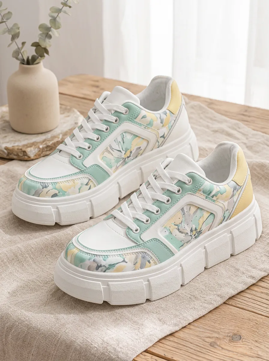 Women's Floral Pastel Pattern Printed Platform Sneakers