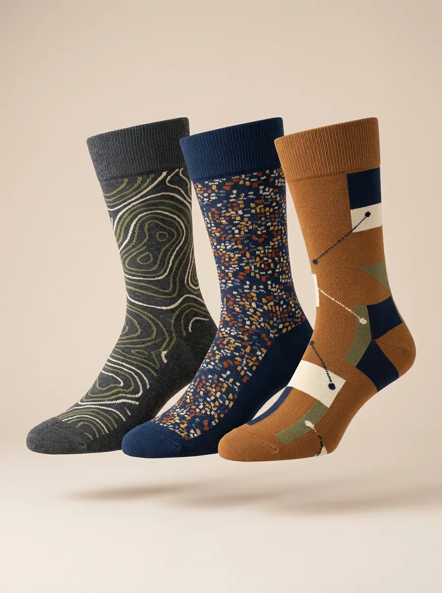 Men's Abstract Art Topographic Geometric Printed Three-Pack Socks