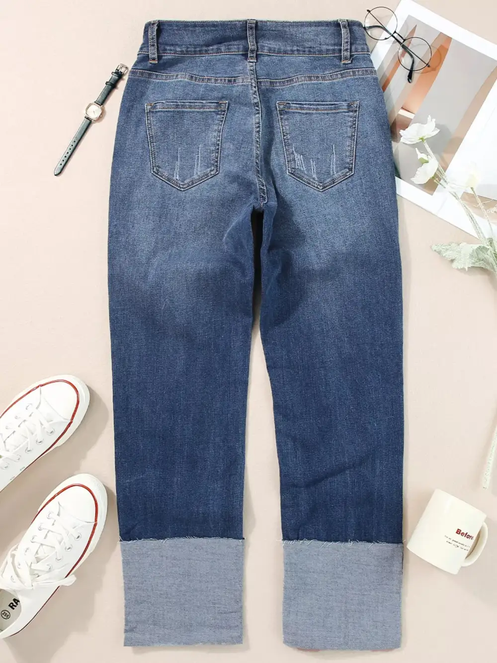 High-Waist Distressed Washed Stretch Straight Leg Jeans