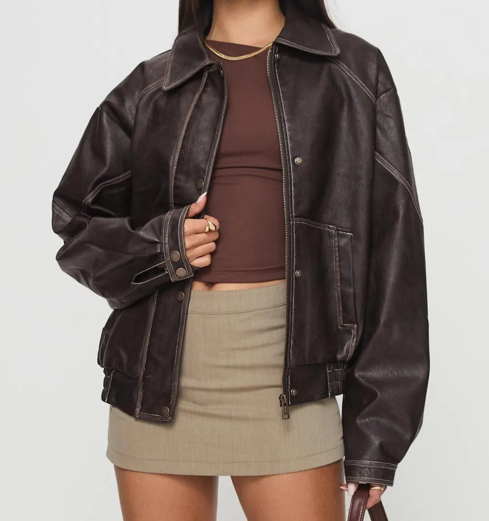 Brown Faux Leather Ribbed-Hem Jacket
