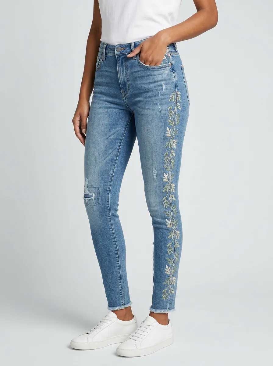Women's Floral Vine Embroidered Distressed Slim Jeans