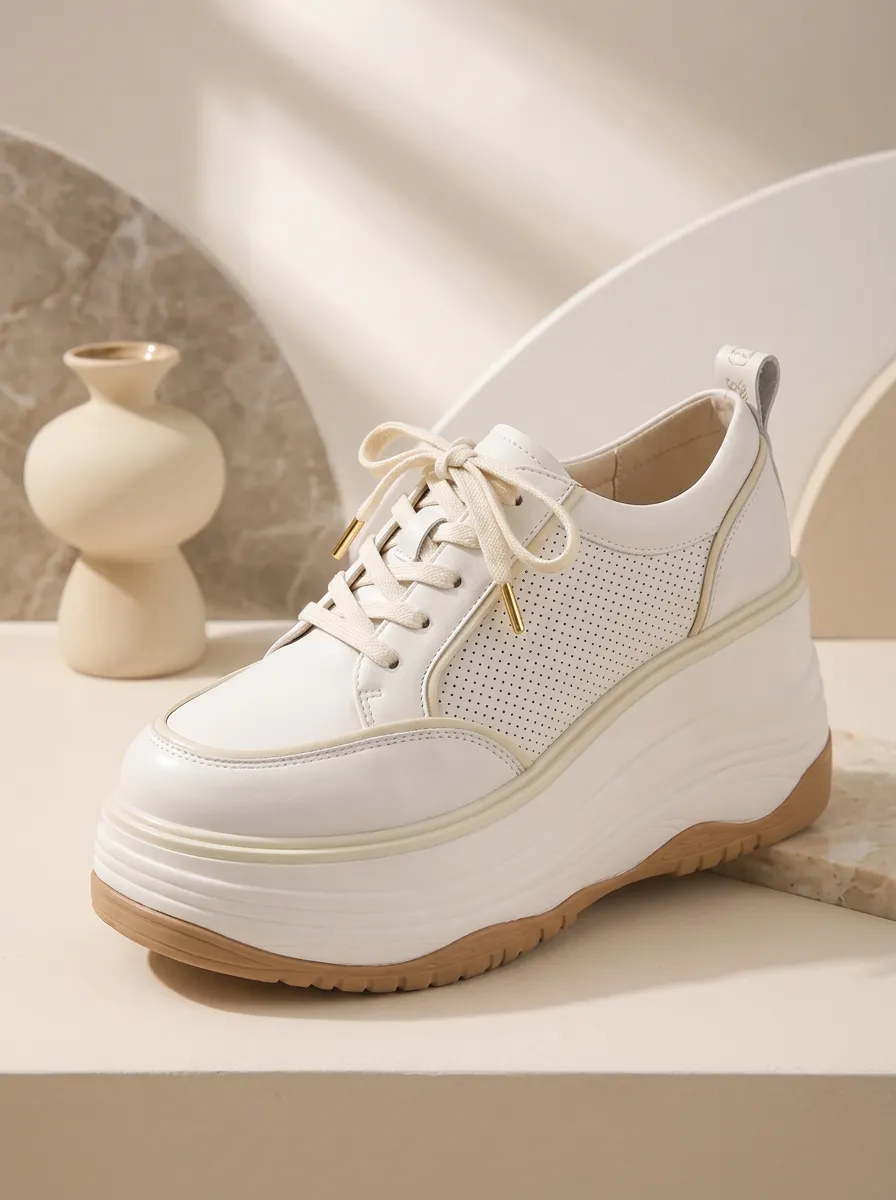 Perforated Lace-Up Low-Top Women's Chunky Platform Shoes