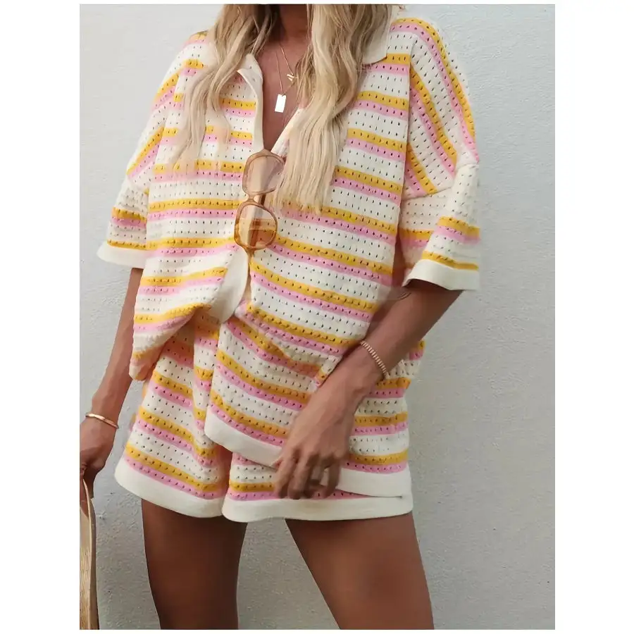 Colorful Striped Button Up Top and Shorts Sweater Set