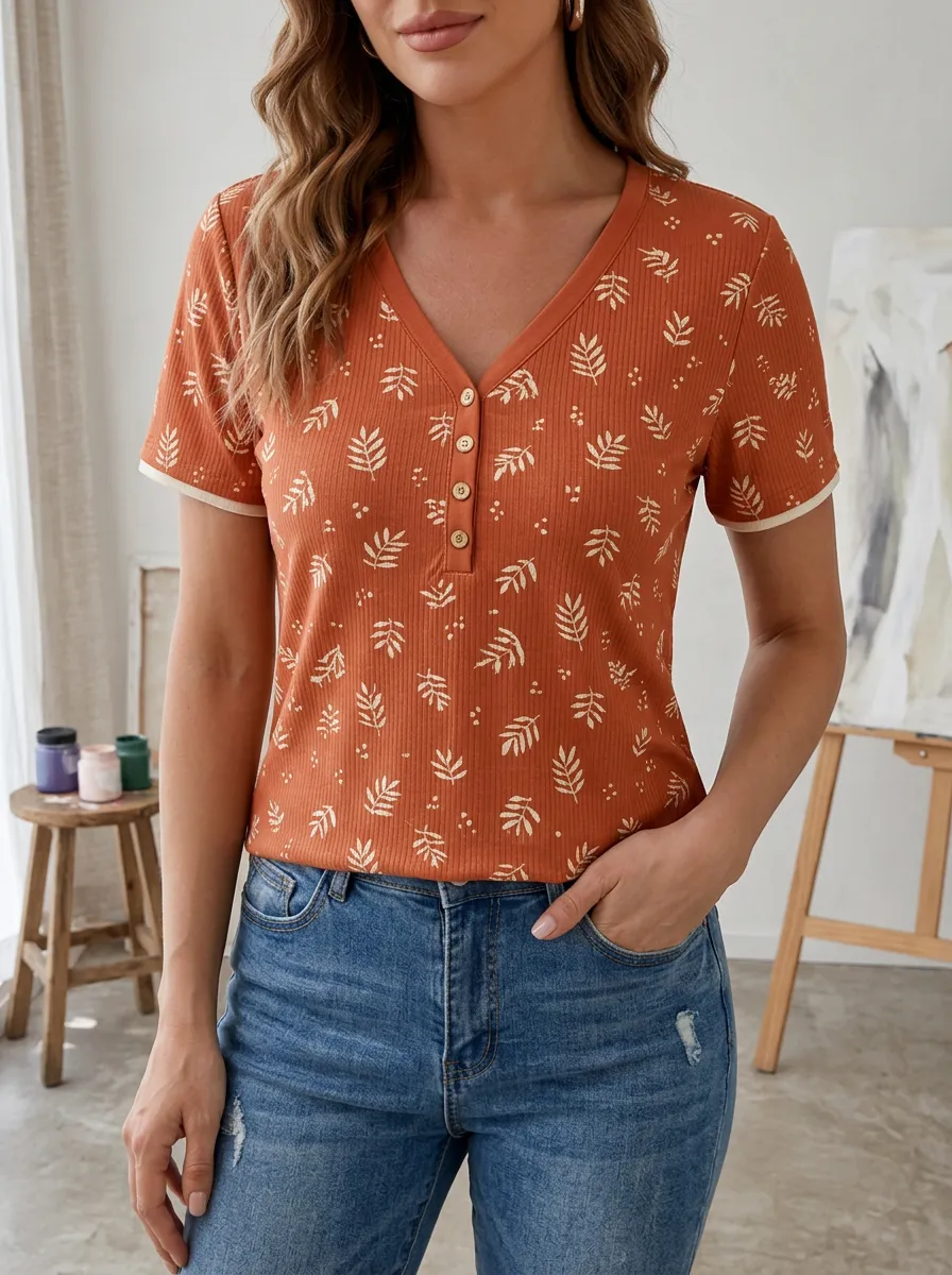 Women's Boho Botanical Leaf Printed Ribbed Henley Top