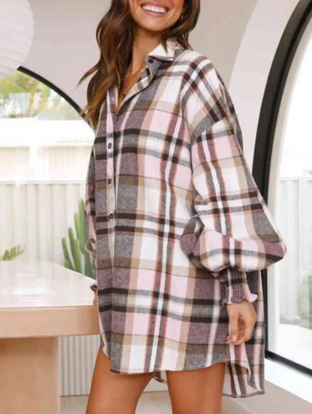 Plaid Lantern Sleeve Shirt
