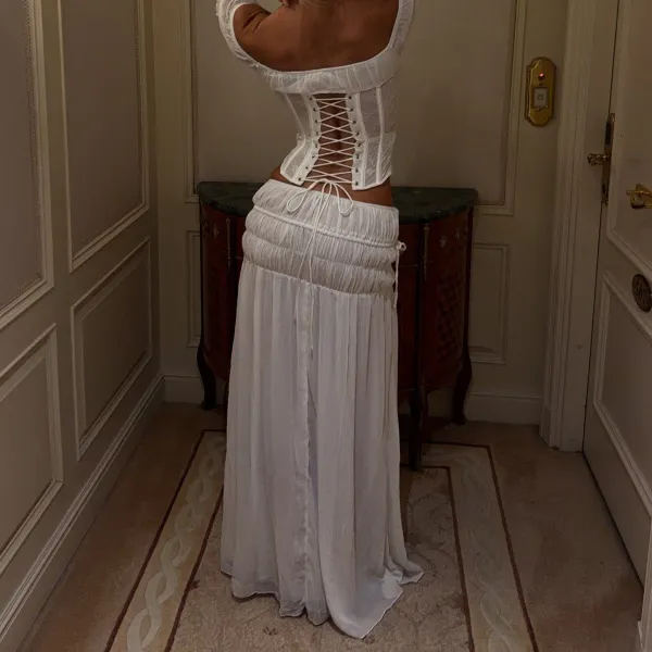 White Lace Trim Puff Sleeve Corset Top