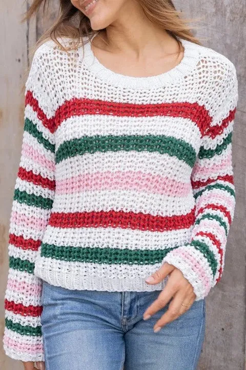 Red Green Striped Holiday Crew Neck Sweater