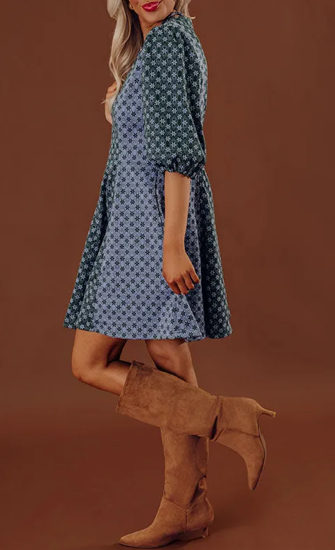 Zip-Closure Floral V-Neck Three-Quarter Sleeve Mini Dress
