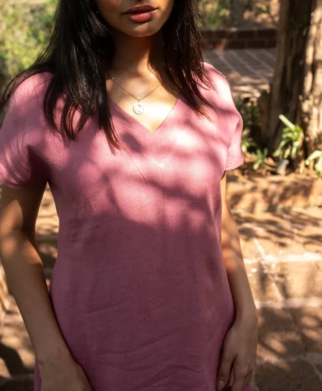 Dusty Pink Linen V-Neck Shift Dress