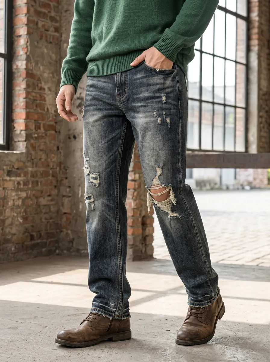 Men's Zip Fly Ripped Jeans