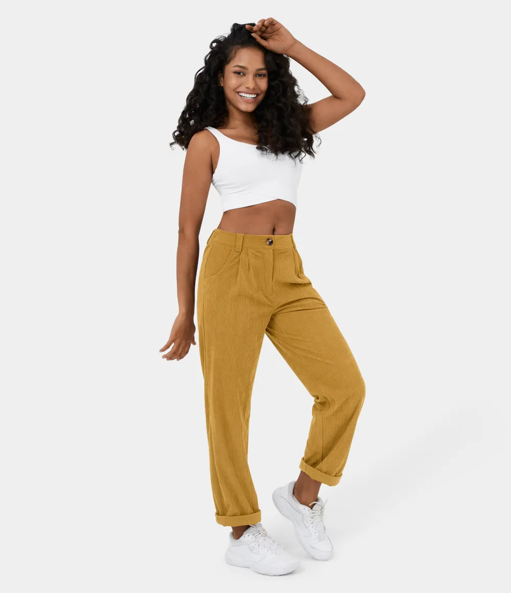 Mid Rise Button Zipper Side Pocket Corduroy Casual Pants