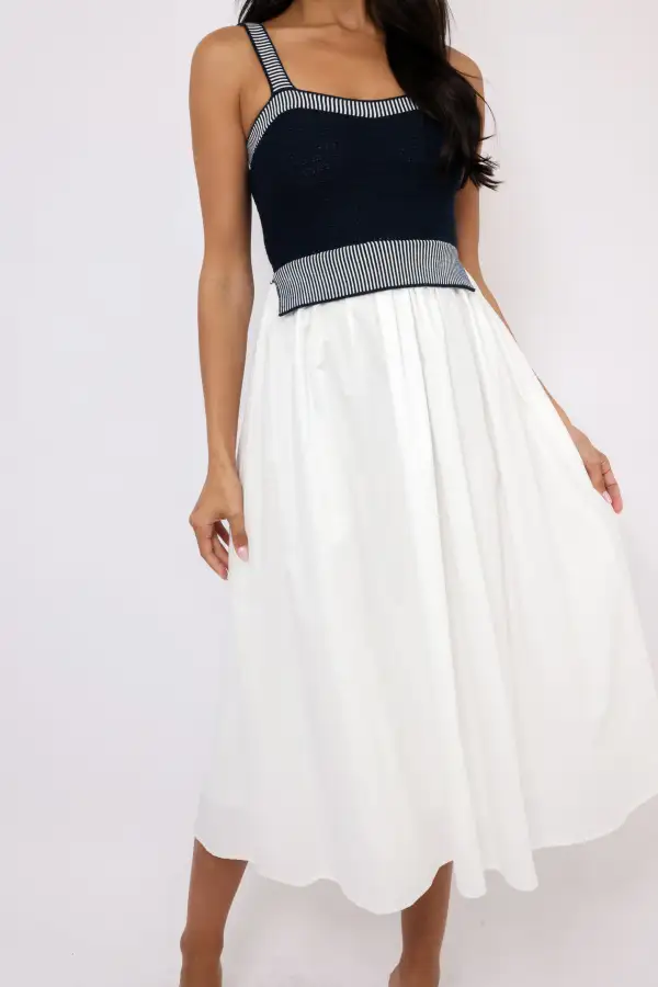Sleeveless Mixed Media Striped Midi Dress