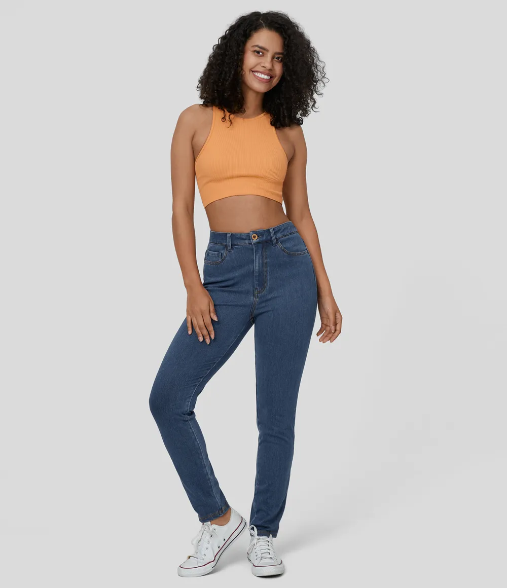 Magic High Waisted Button Zipper Multiple Pockets Stretchy Knit Casual Jeans