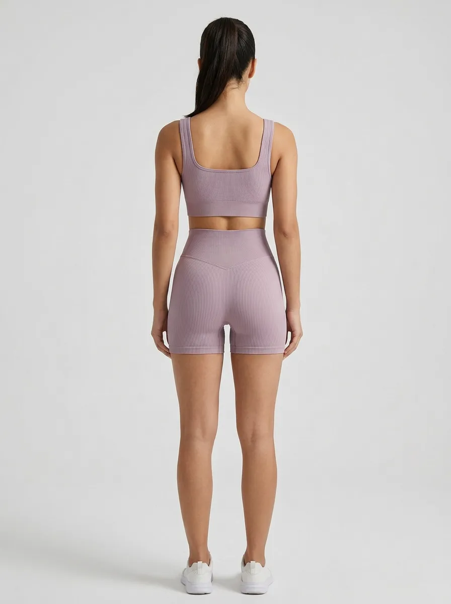 Easy-Wear Ribbed Texture Seamless Design Detail Women's Tank Top And Sports Shorts Set