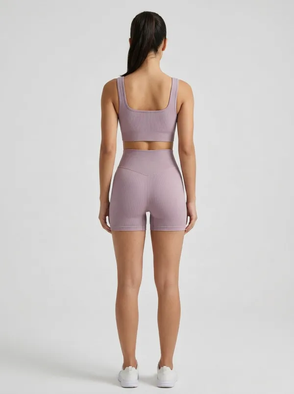 Easy-Wear Ribbed Texture Seamless Design Detail Women's Tank Top And Sports Shorts Set