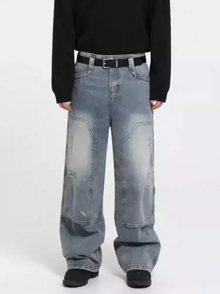 Washed Distressed Workwear Jeans